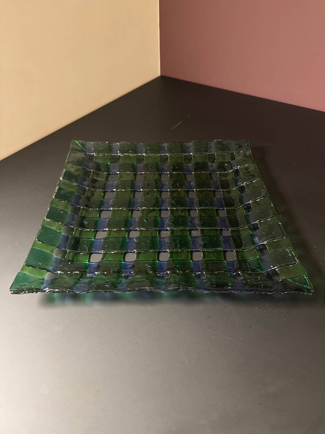 Decorative fused glass plate in green and blue – woven design – piece