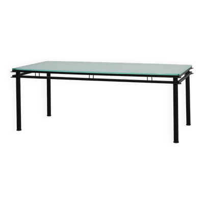 Table à manger moderniste avec base en métal noir et plateau en verre, Belgique années 1980.