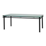 Modernist Dining Table with Black Metal Base and Glass Top, Belgium 1980s