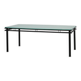 Modernist Dining Table with Black Metal Base and Glass Top, Belgium 1980s