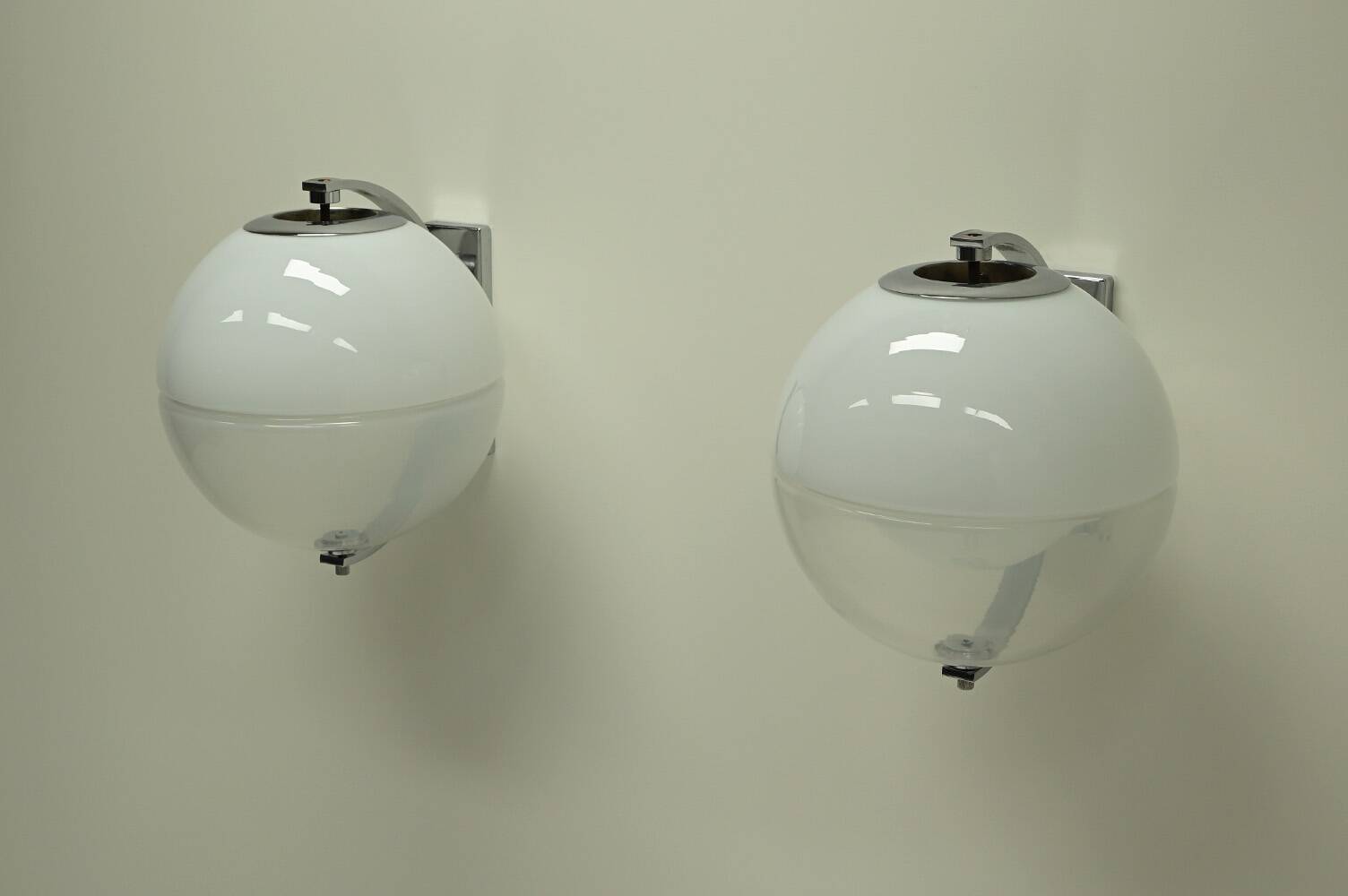 Set of 2 rare large globe wall lamps, 1960s Italy.