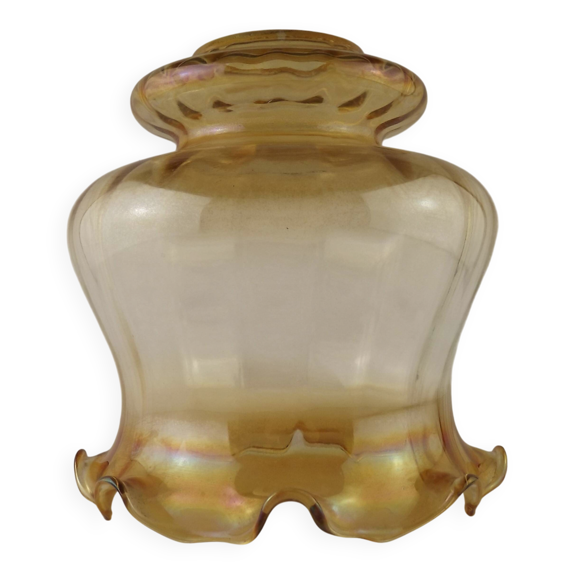 Large Mid Century Amber Glass Light Shade With Ribbed Effect & Frilled Edge