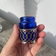 Silver-plated metal and blue glass salt and pepper shaker