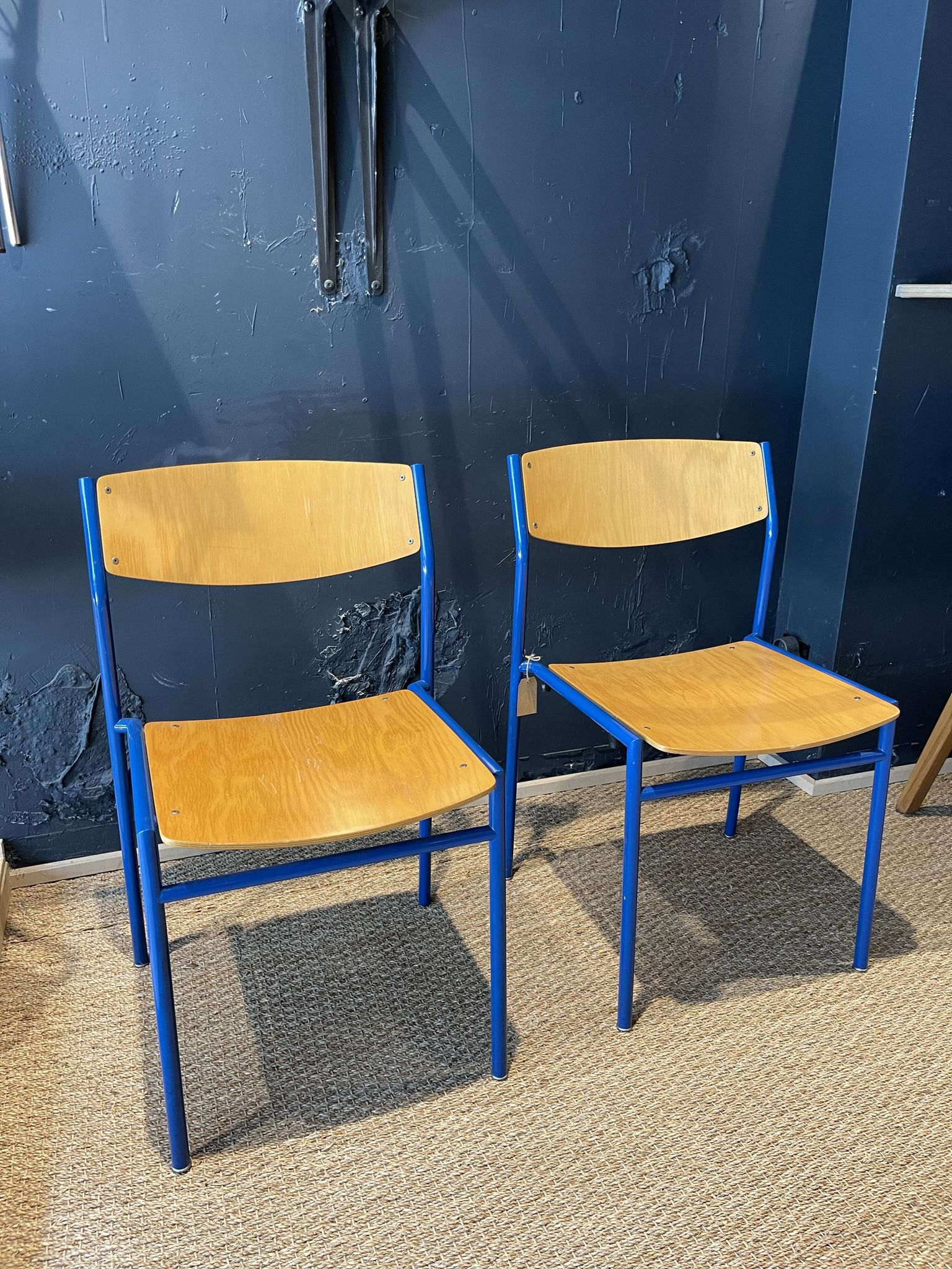 Pair of Gijs Van Der Sluis chairs in wood and blue legs from the Netherlands, 1970s