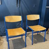 Pair of Gijs Van Der Sluis chairs in wood and blue legs from the Netherlands, 1970s
