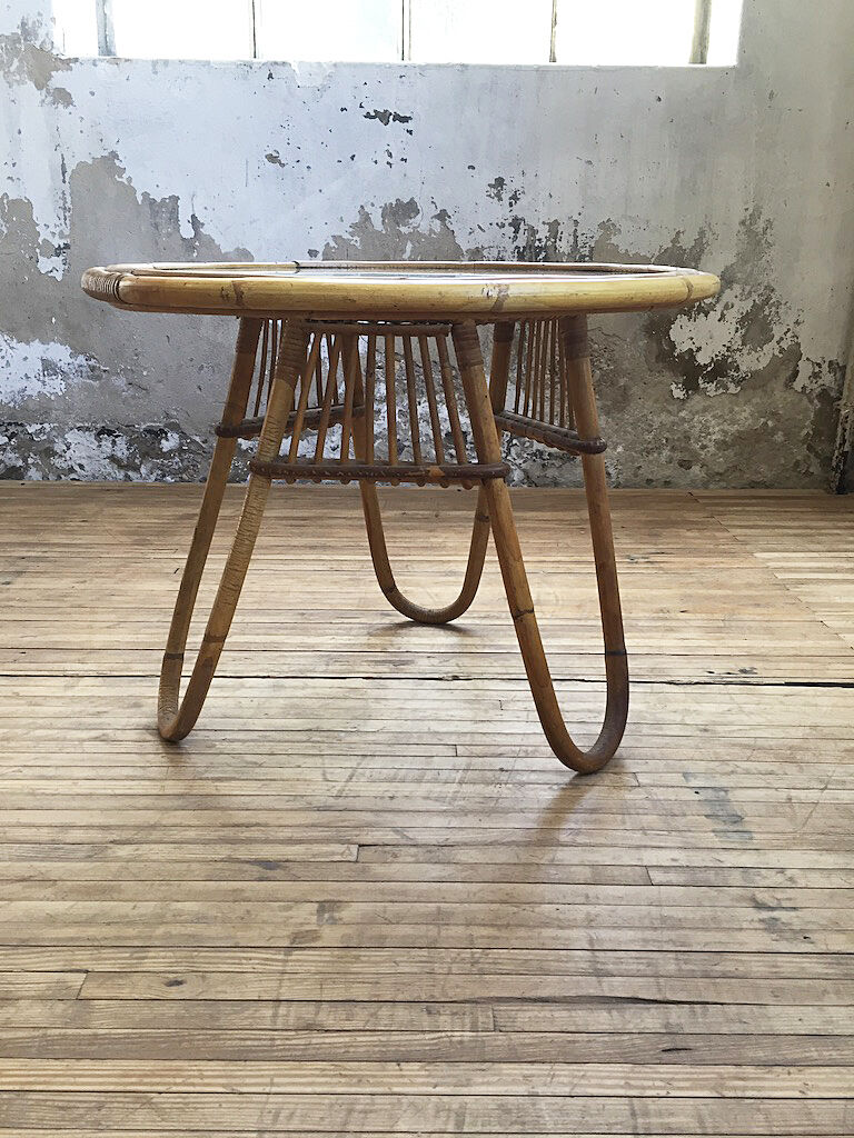 Vintage glass and rattan table