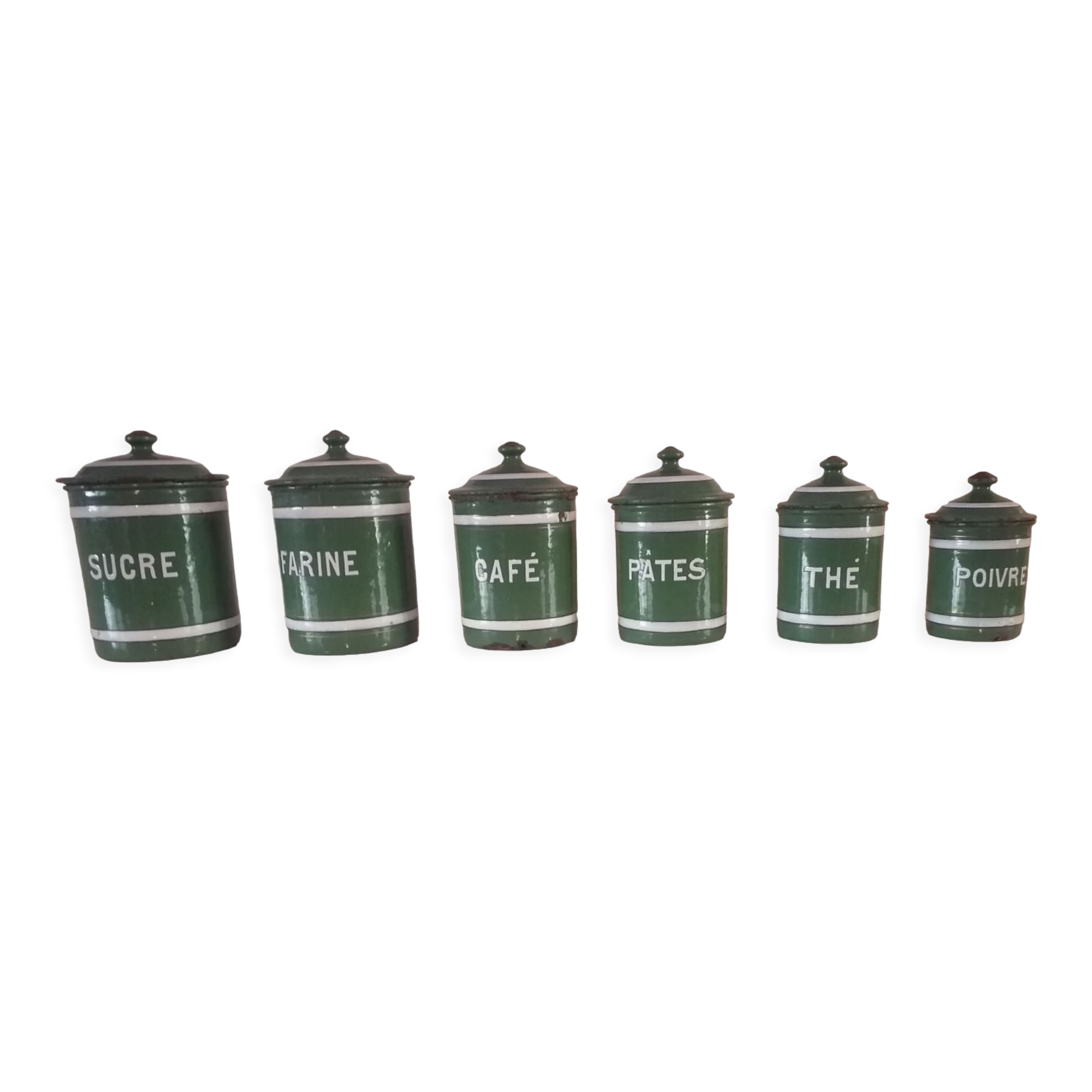 Set of 6 old enamelled jars with 6 trundle lids