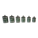 Set of 6 old enamelled jars with 6 trundle lids