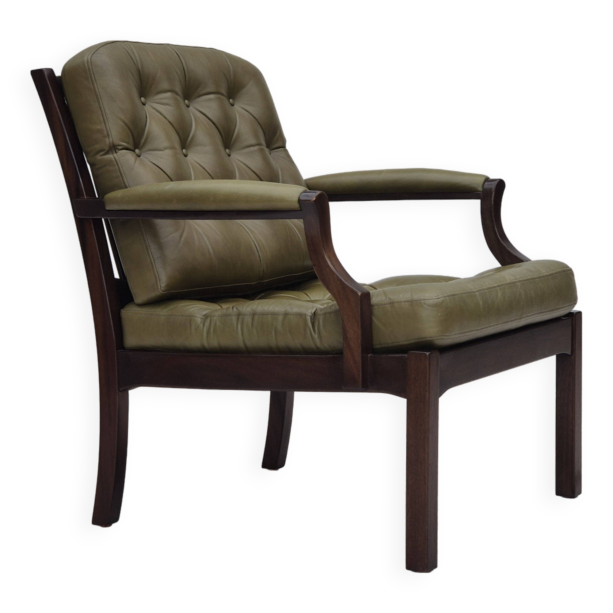 1970s, Scandinavian armchair, original condition,reen furniture leather, solid teak wood.