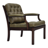 Fauteuil scandinave, état d'origine, meuble en cuir vert, bois de teck massif, années 1970