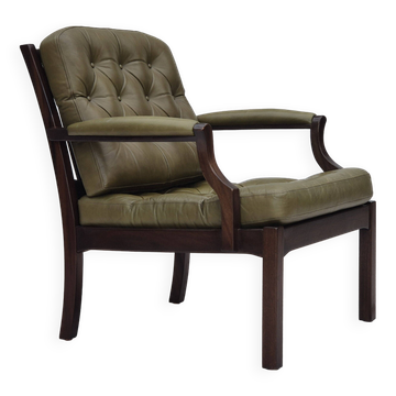 1970s, Scandinavian armchair, original condition,reen furniture leather, solid teak wood.