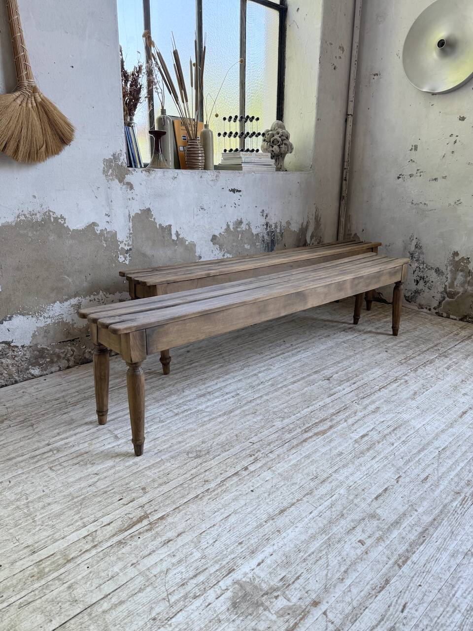 Pair of 1950 benches with oak and beech slats