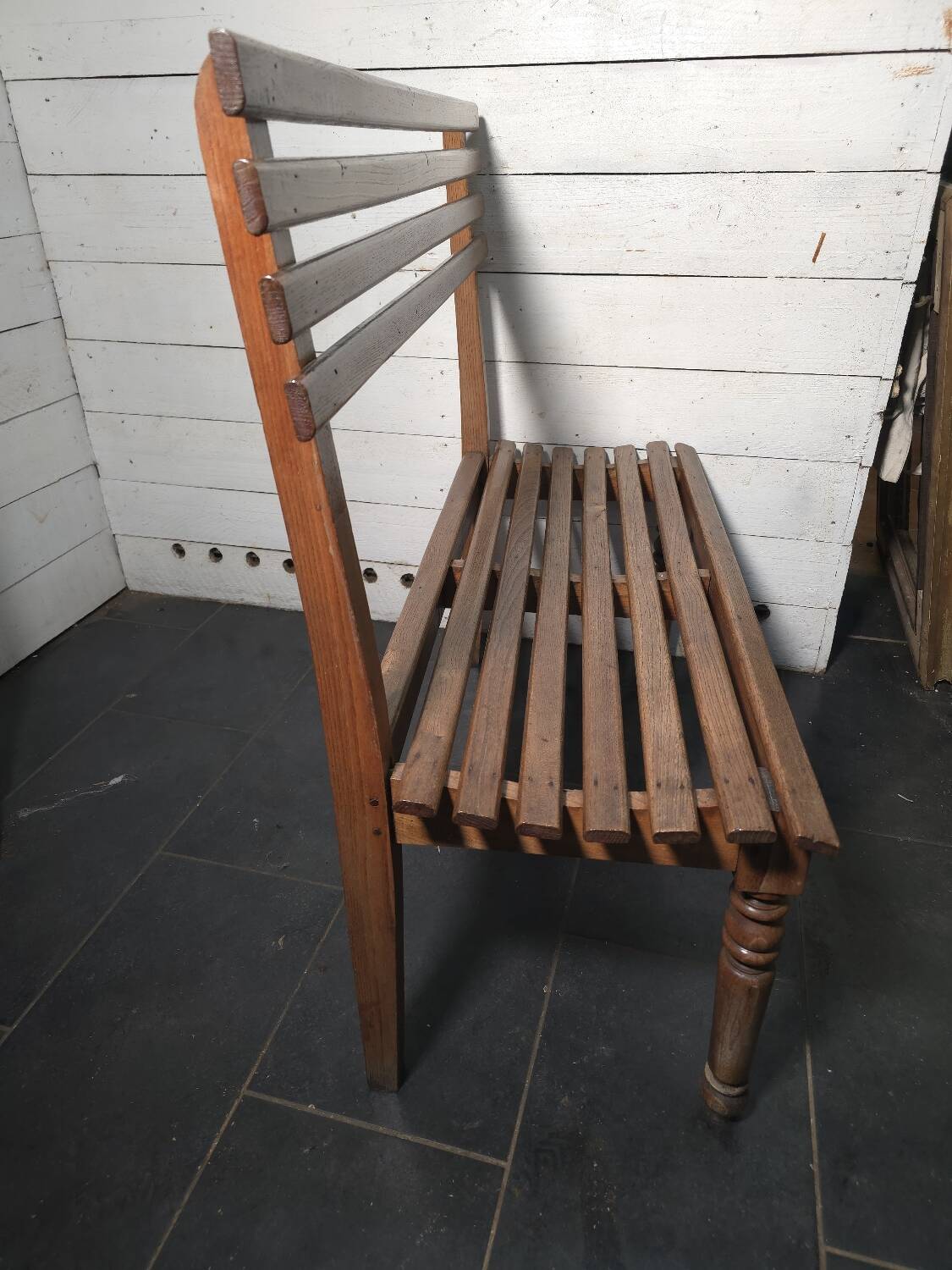 Solid oak workbench with slats signed by Edmond Magrez.