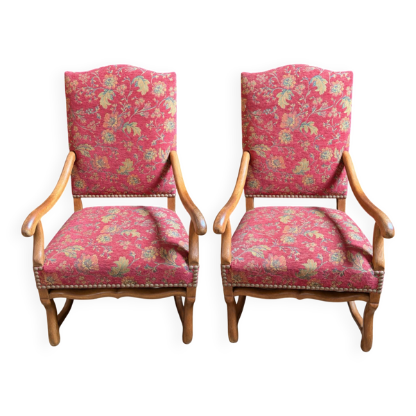 Paire de fauteuils anciens en bois – tissu fleuri + coussin assorti