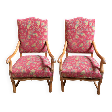 Pair of antique wooden armchairs – floral fabric + matching cushion