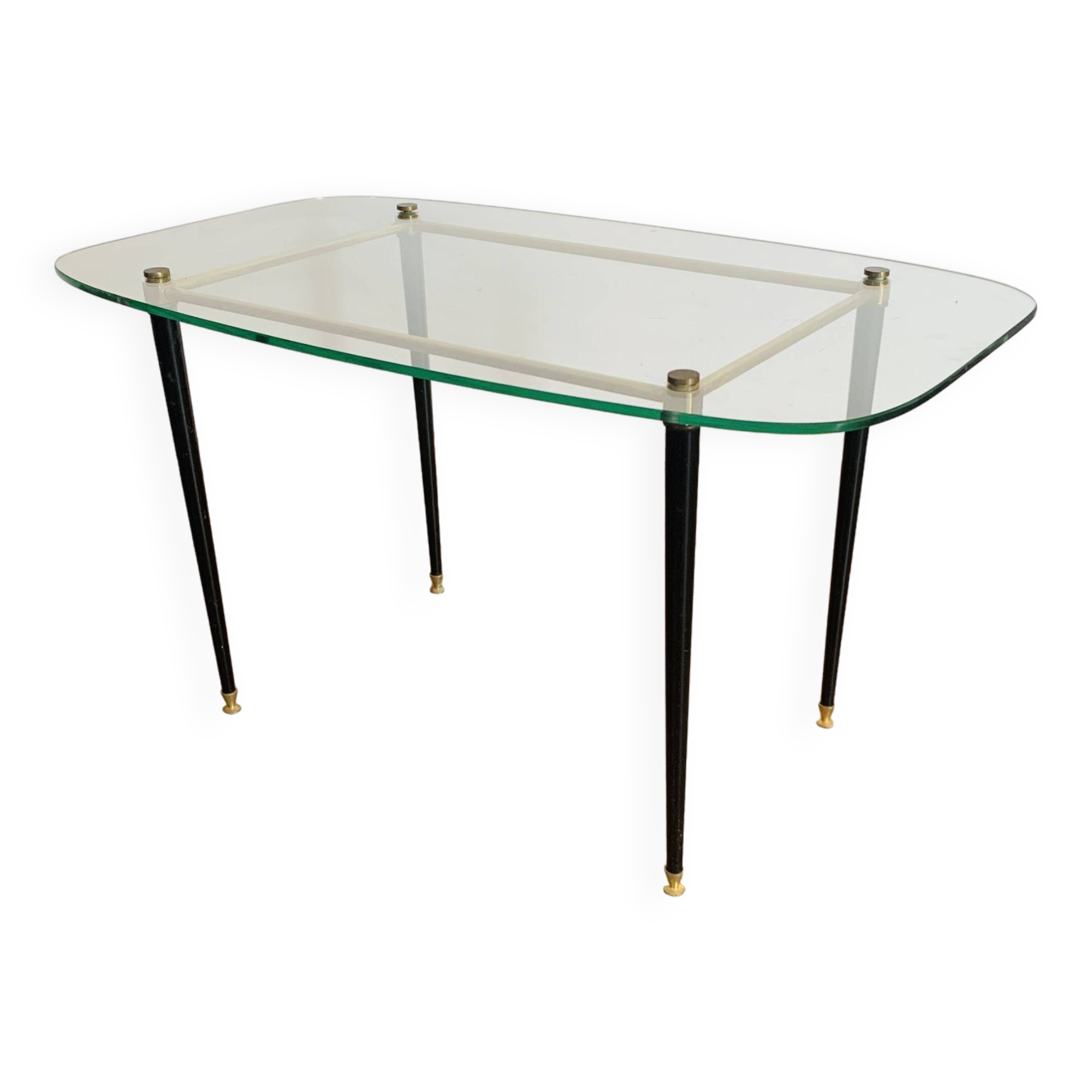 Coffee table from the 50s/60s, glass, brass, black metal.