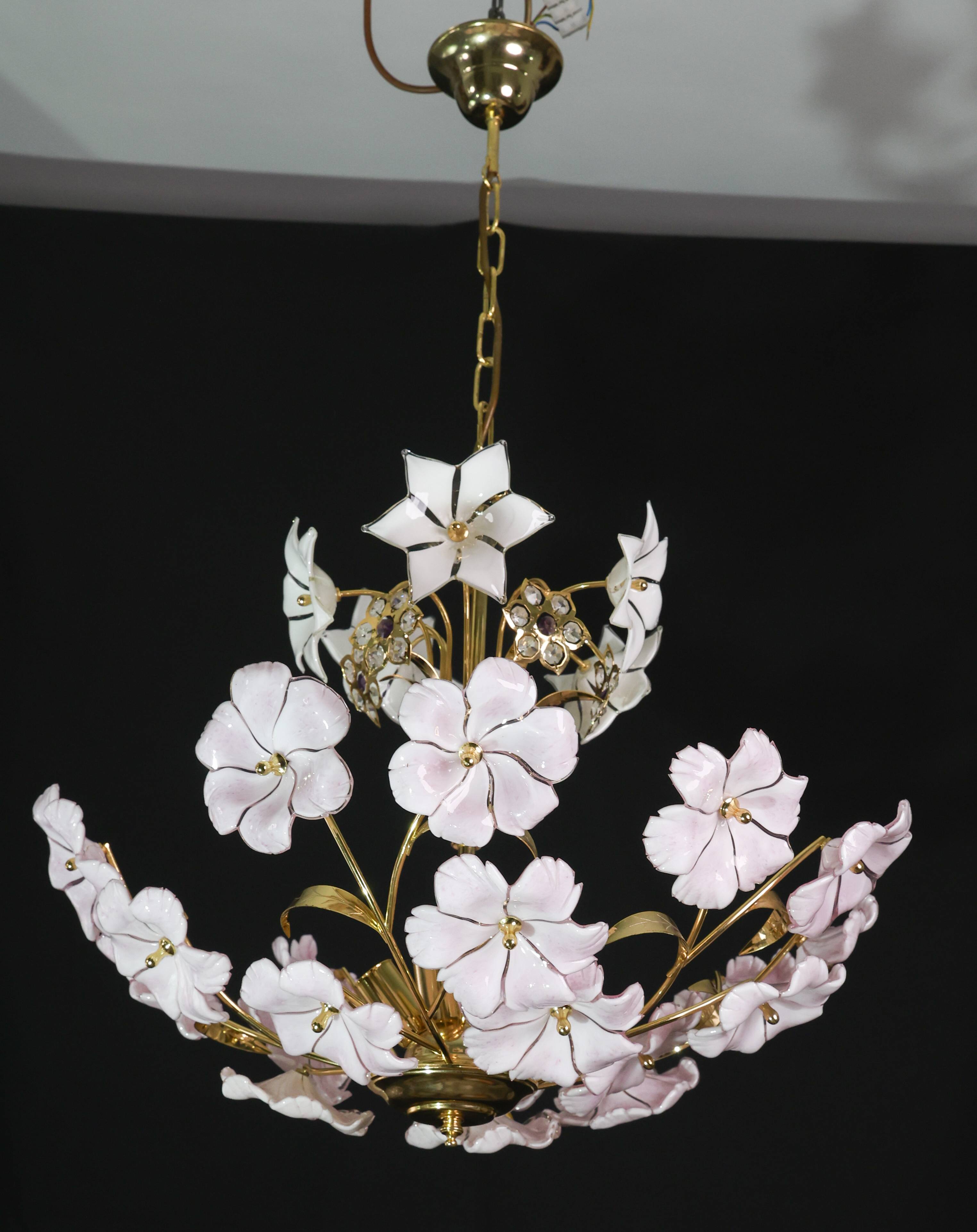 Charming Murano Vintage Chandelier White and Pink Flowers