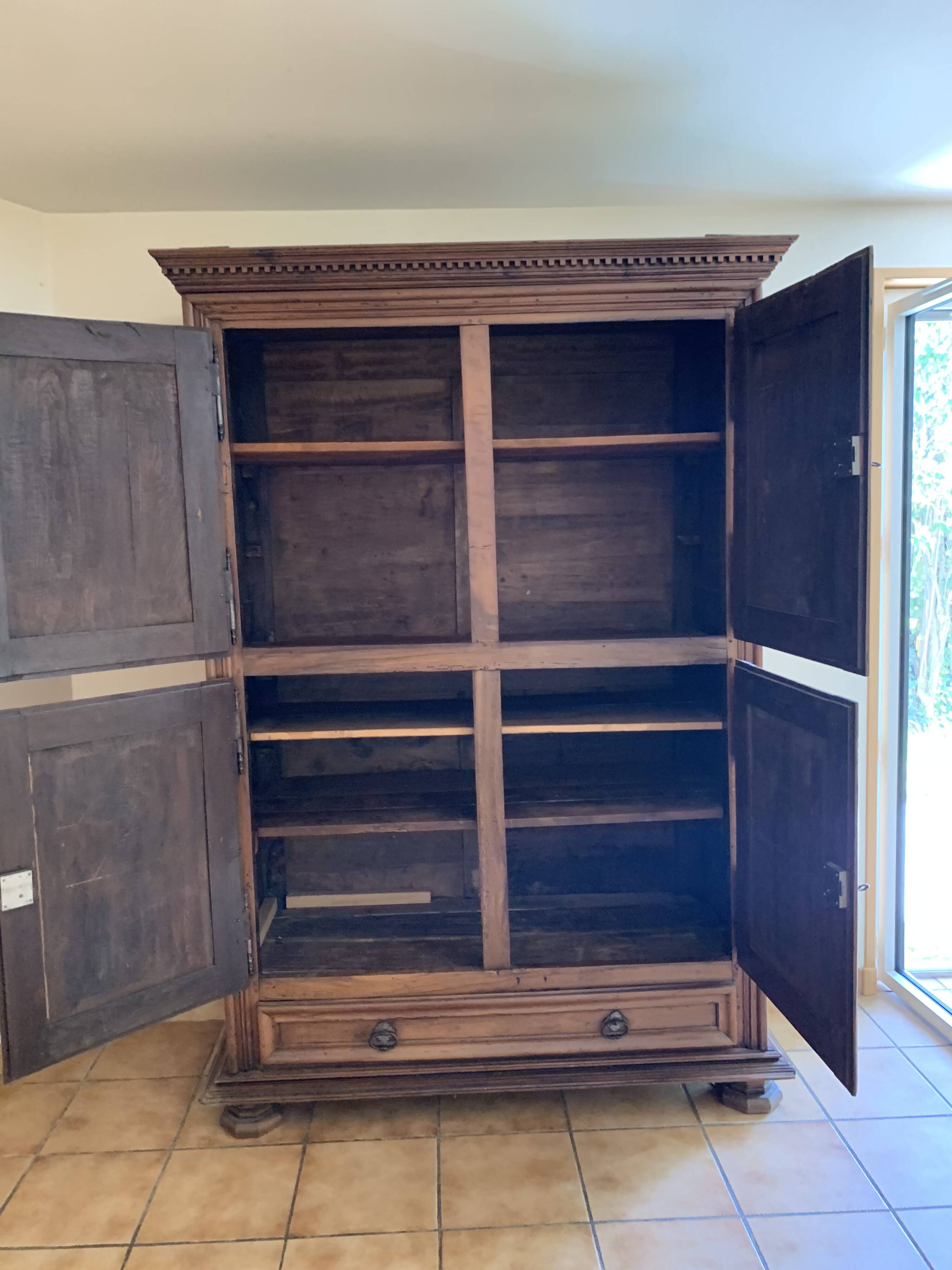 18th-century carved wardrobe, 4 doors, oak/cherry wood