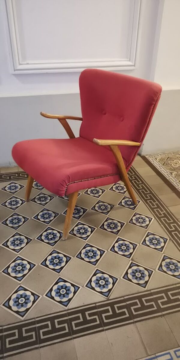 Fauteuil zig zag wing années 50 60 rose fushia