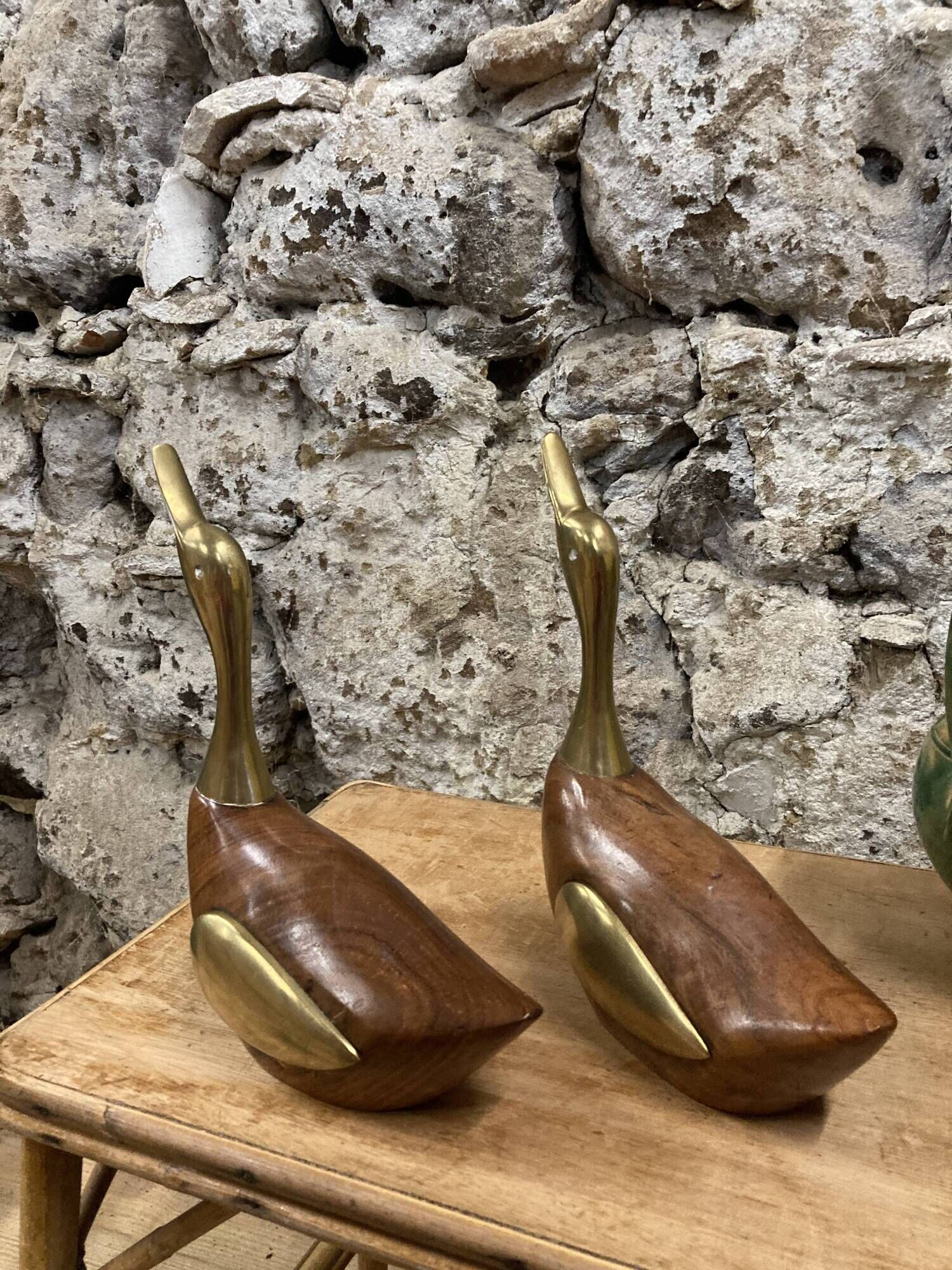 Pair of duck or swan in wood and brass sculpture