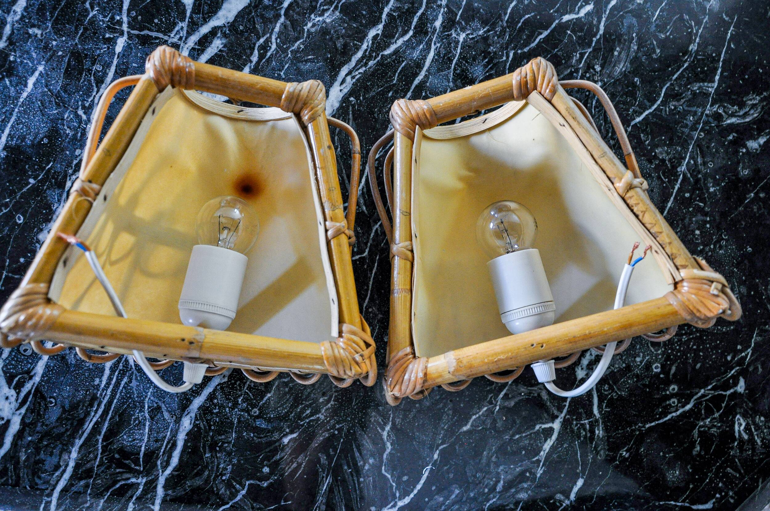 Pair of rattan wall lights, France, 1960