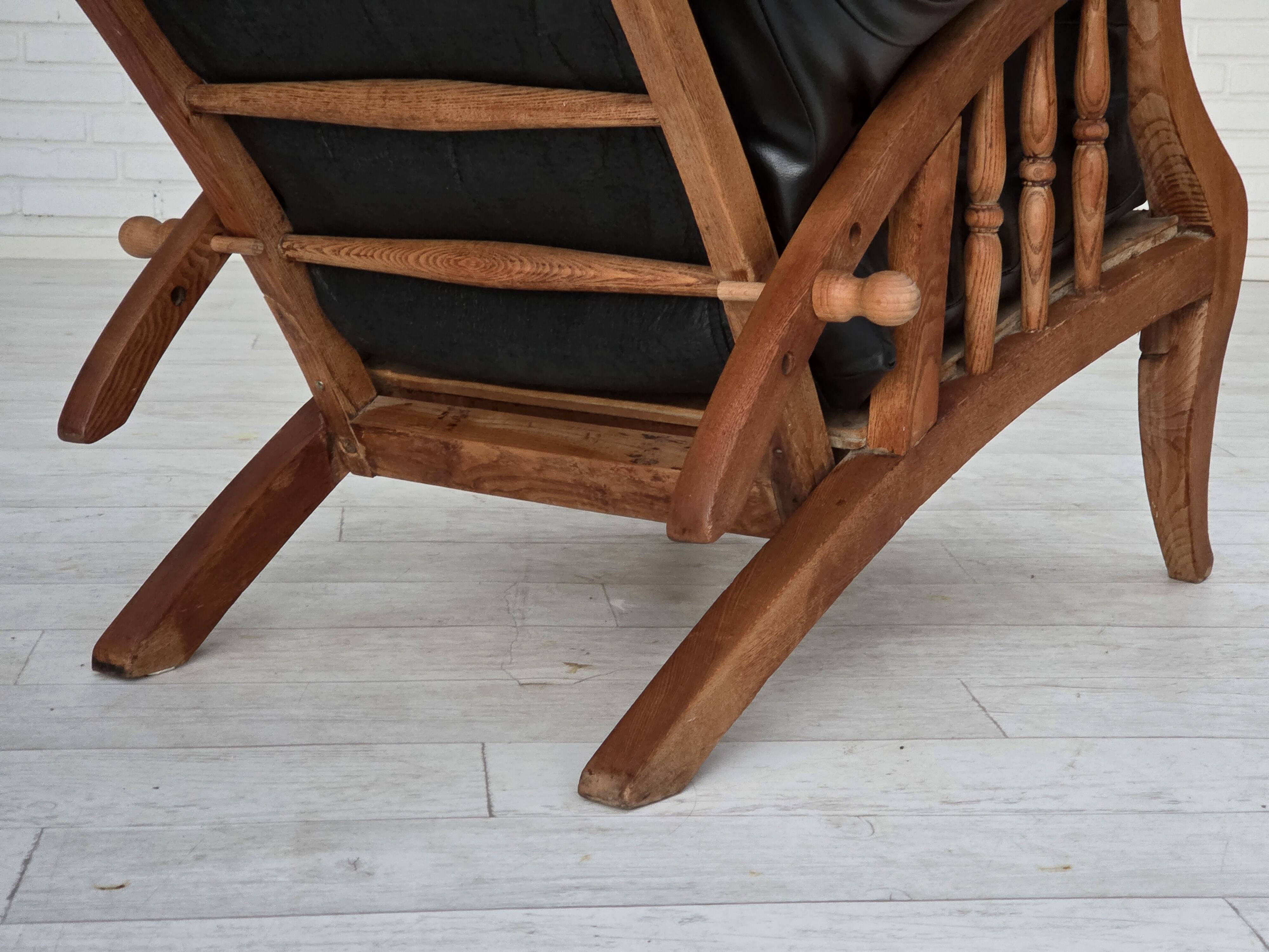 1950s, vintage adjustable armchair, black leather, ash wood.
