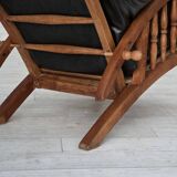 1950s, vintage adjustable armchair, black leather, ash wood.