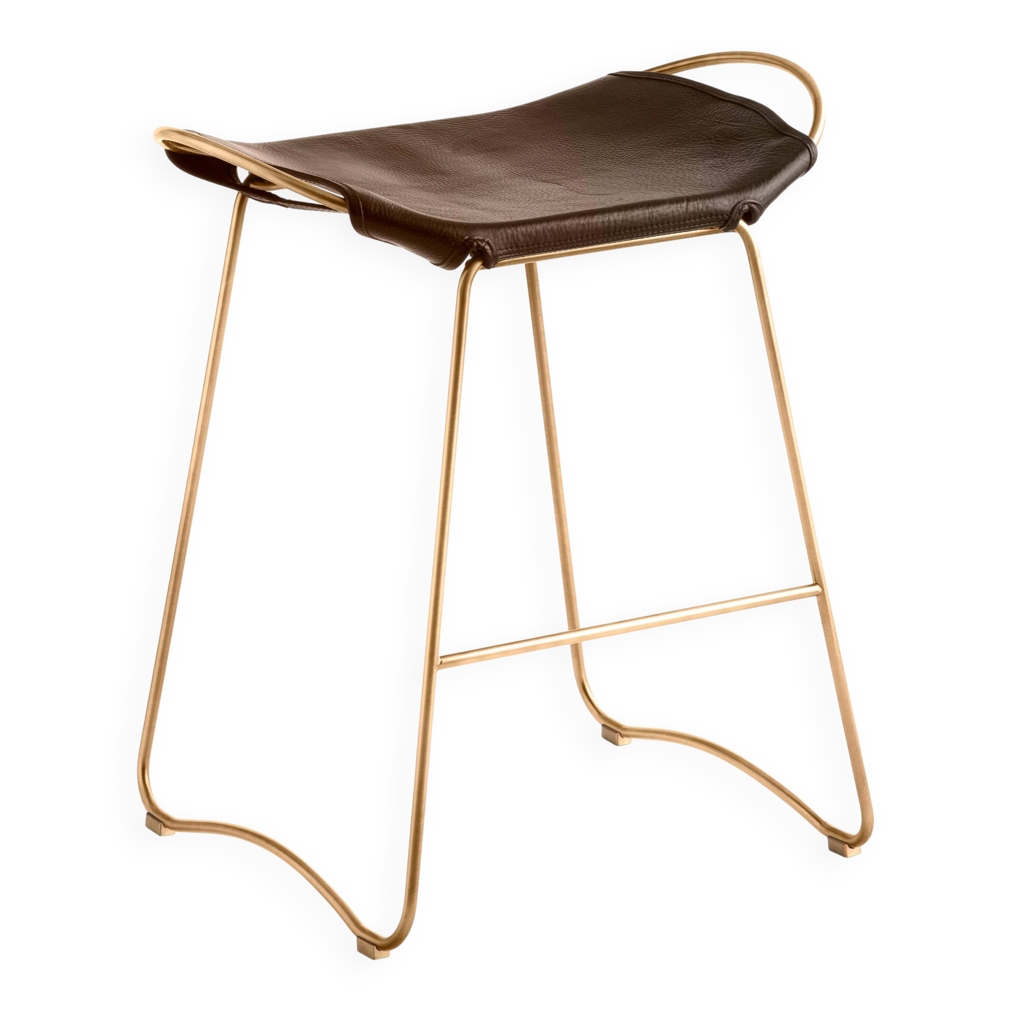 Tabouret de bar contemporain en métal en laiton vieilli et cuir marron foncé