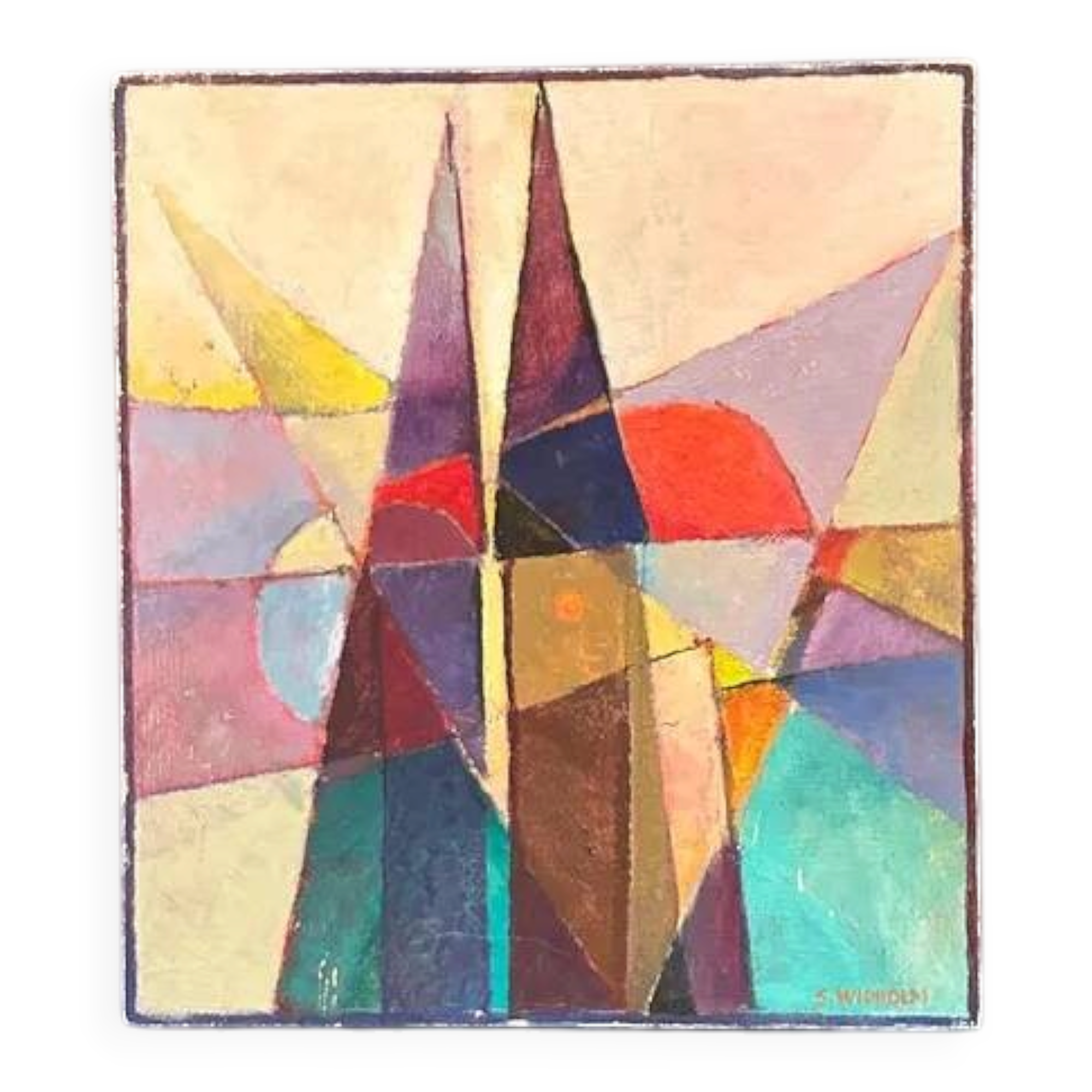 Oil on Swedish panel – 'Geometric Composition' by Stellan Widholm – Signed – vintage and framed – 35 × 32 × 5 cm