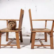 Pair of brutalist oak throne chairs with rush seats – Netherlands, 1930s