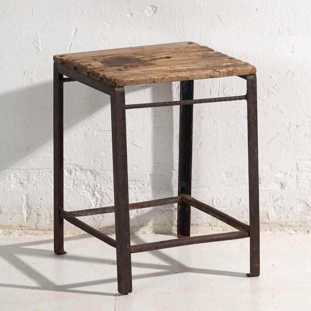 Vintage industrial stool made of pine wood and iron – Central Europe, around 1950