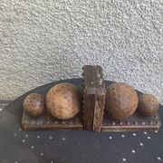 Pair of vintage carved wood and metal ball bookends