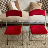 Set of 2 folding opera chairs in red velvet and brass