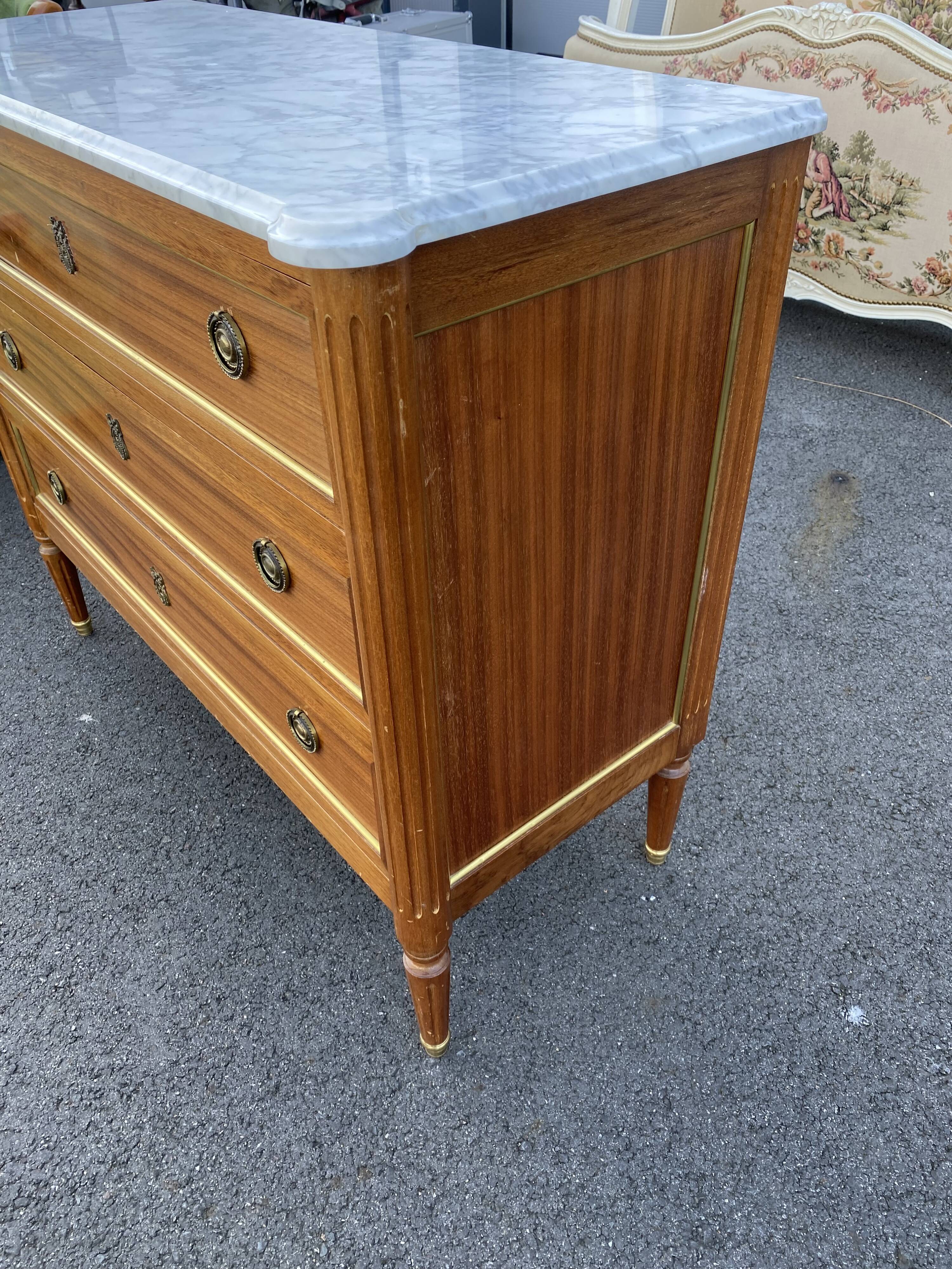 Louis XVI style chest of drawers Marble top White veined with ears