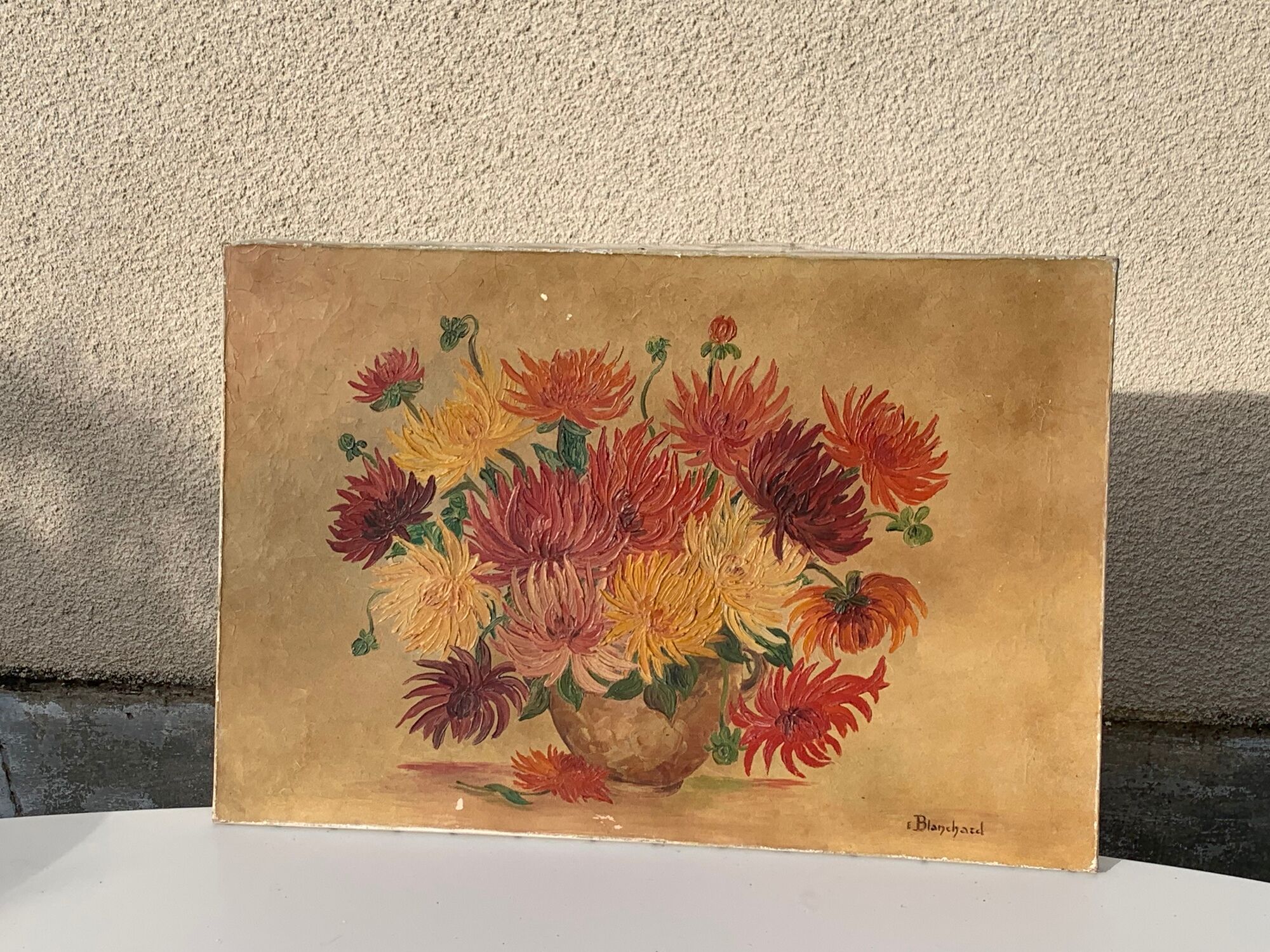Painting the bouquet of vintage dahlias signed Blanchard