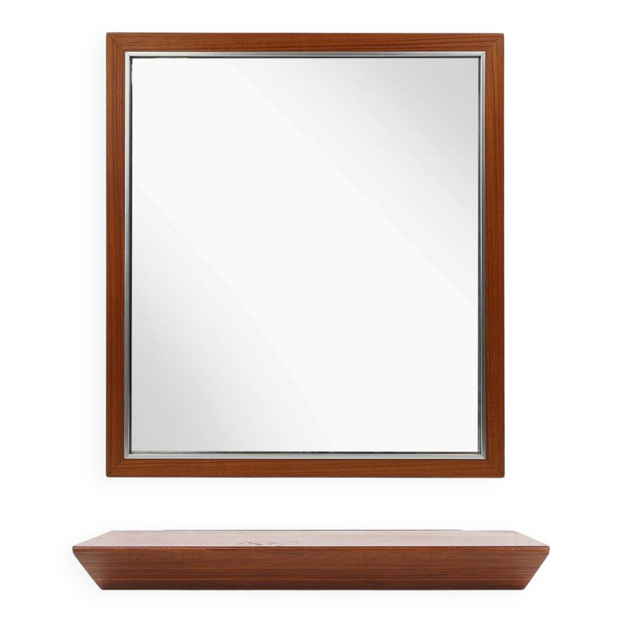 Miroir en teck du milieu du siècle avec étagère attribué à De Coene, Belgique, années 1960.