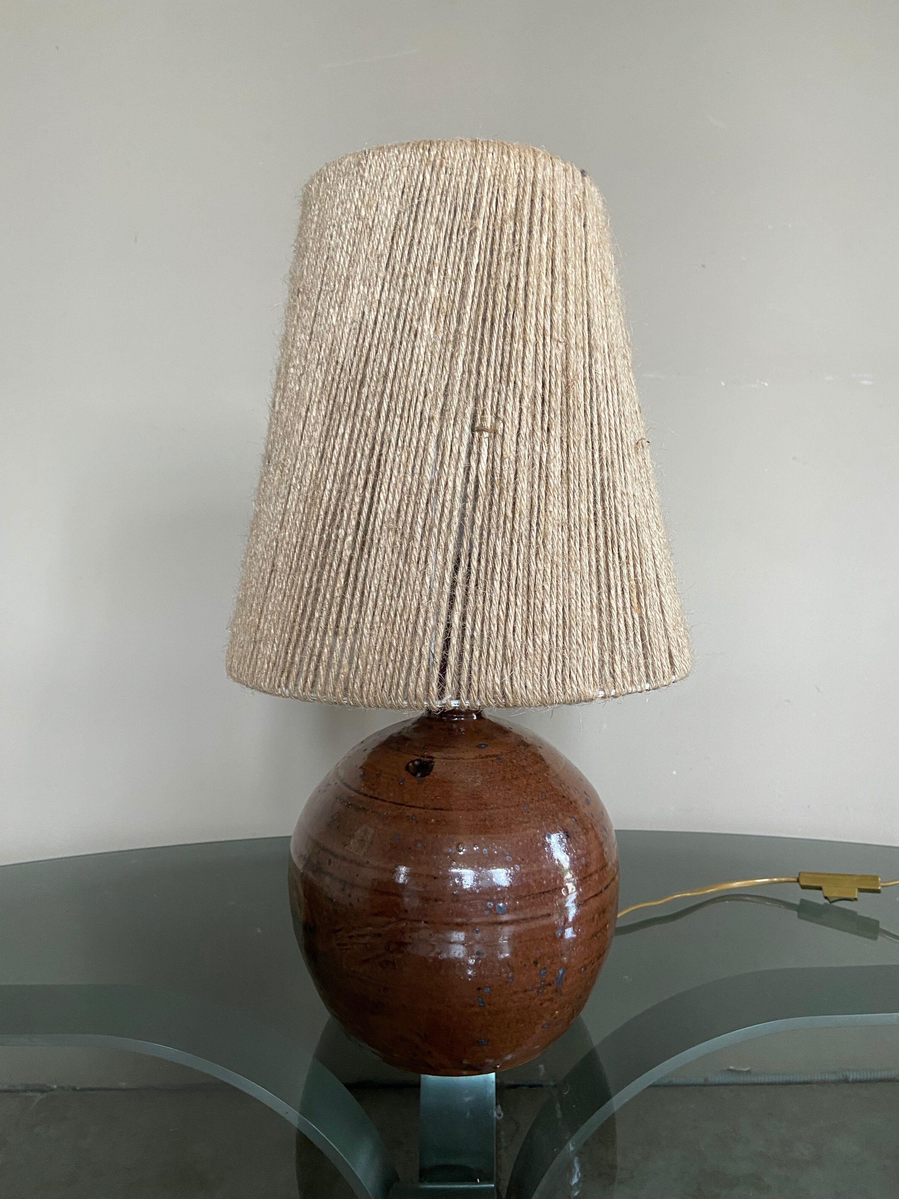 Vintage stoneware ball lamp and rope lampshade