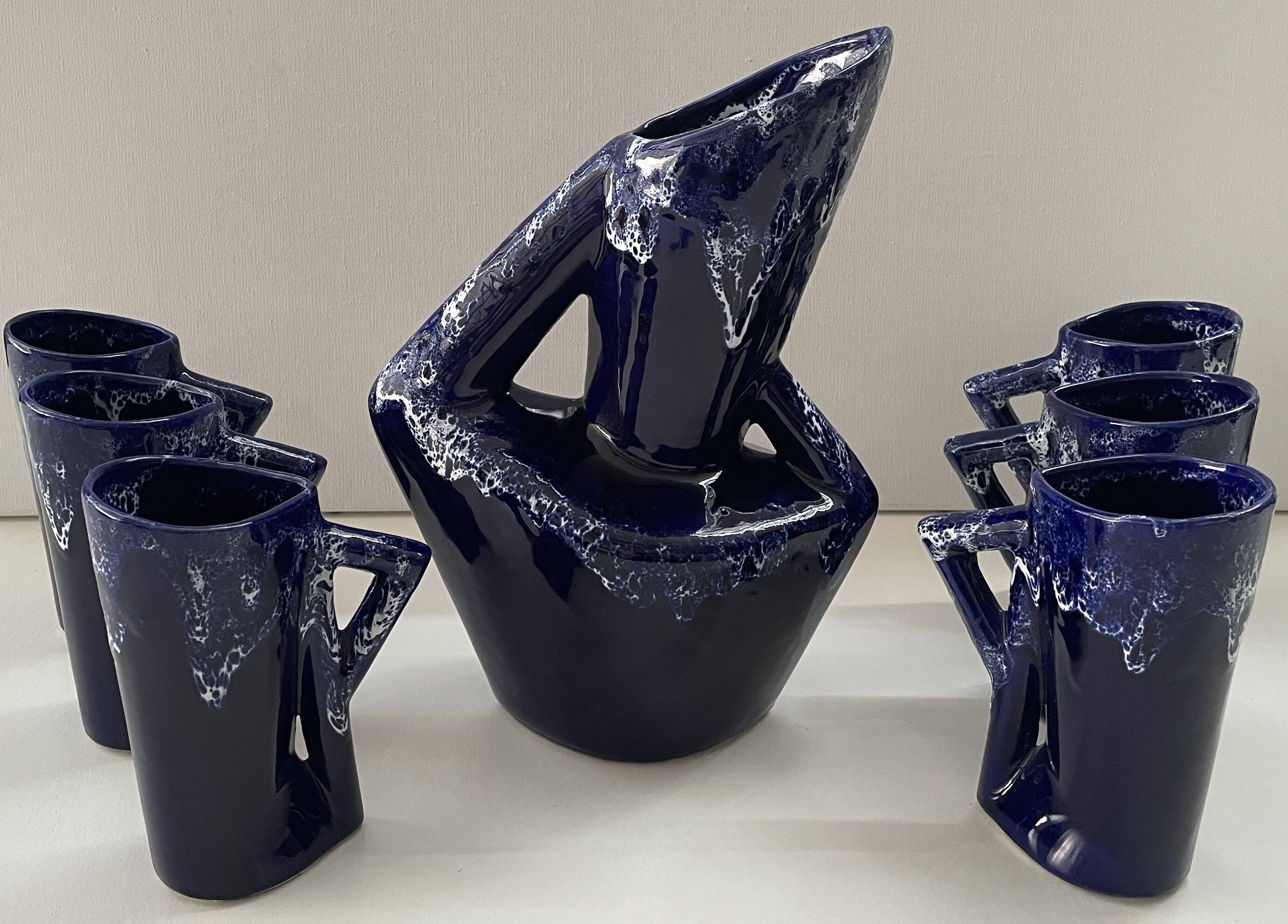 Ceramic orangeade service in ultramarine blue, workshop 59 - Vallauris -