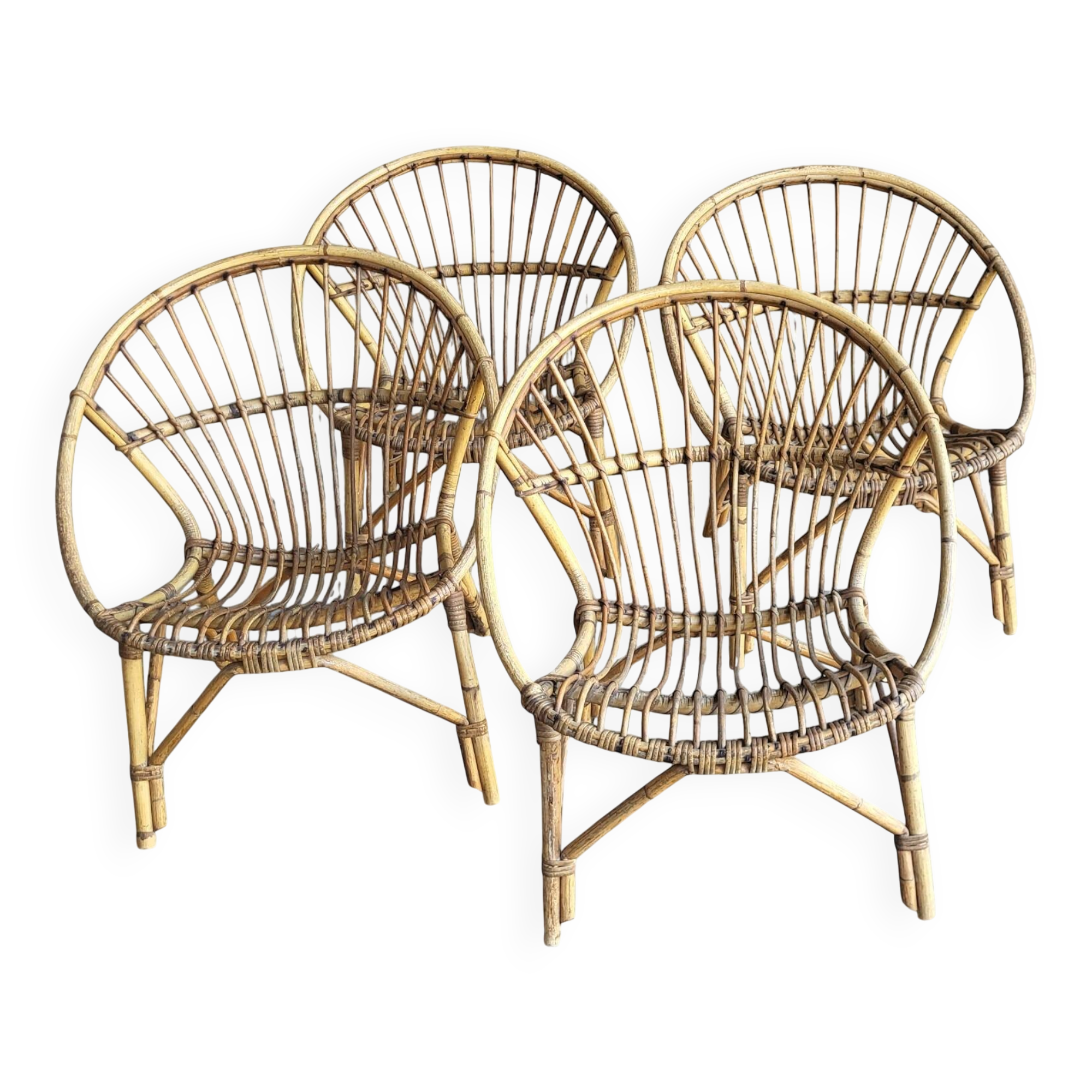4 "shell" rattan armchairs from the 1960s