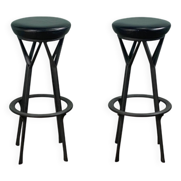 2 Yamakado designer swivel stools in black leather