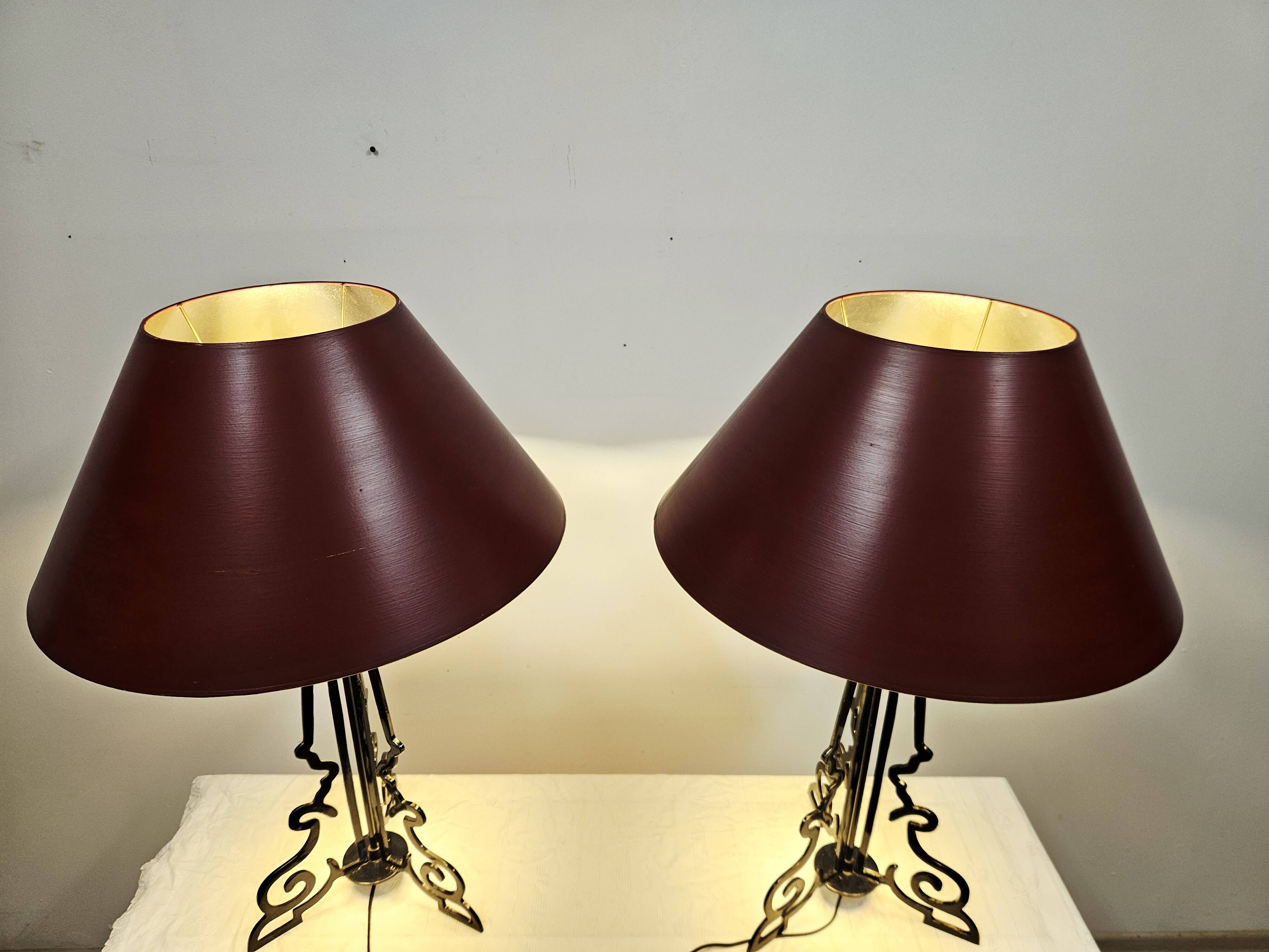 Paire Unique de Lampes de Table/Art Déco/Vintage – Bourgogne et Or/Années 1980