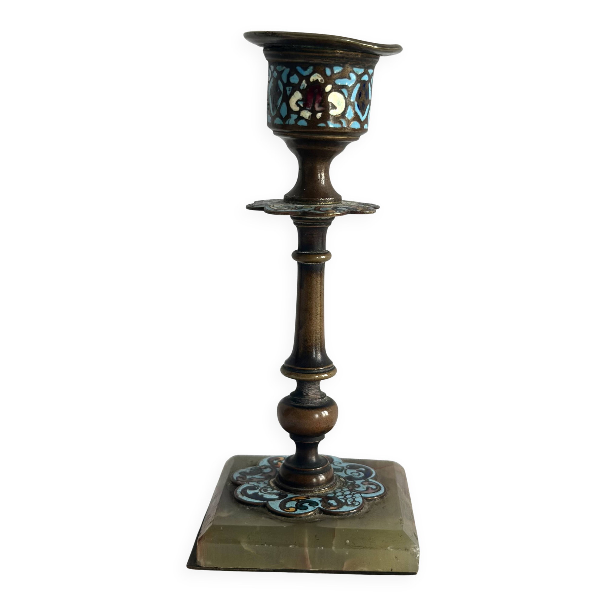 Bougeoir et porte allumettes en bronze et émaux cloisonnés XIXe