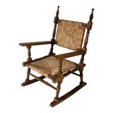French Antique Oak and Rush Rocking Chair, 1900s