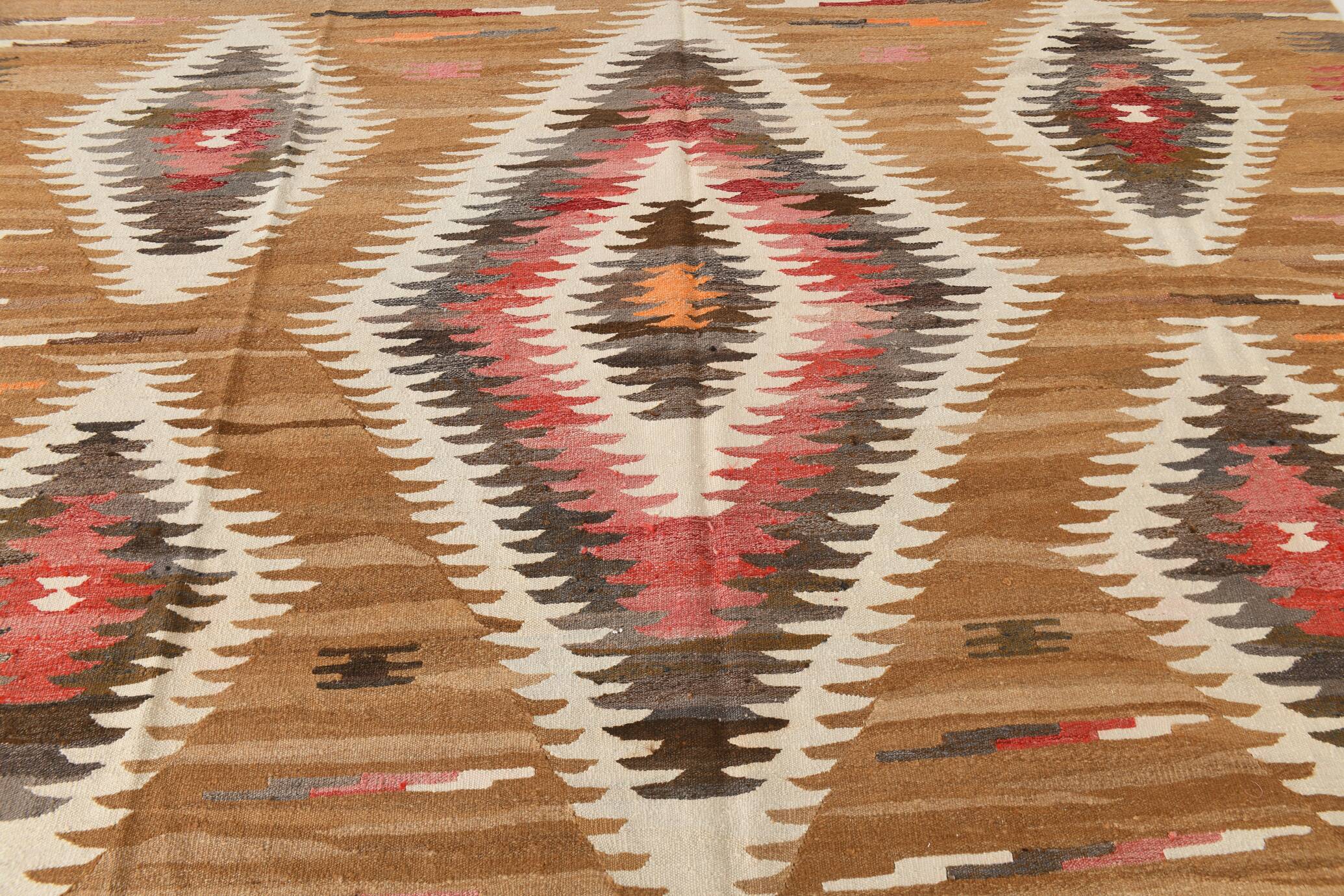 Grand Kilim Vintage Géometrique, Tons Terre & Rouge, Fait Main, 293x386 Cm