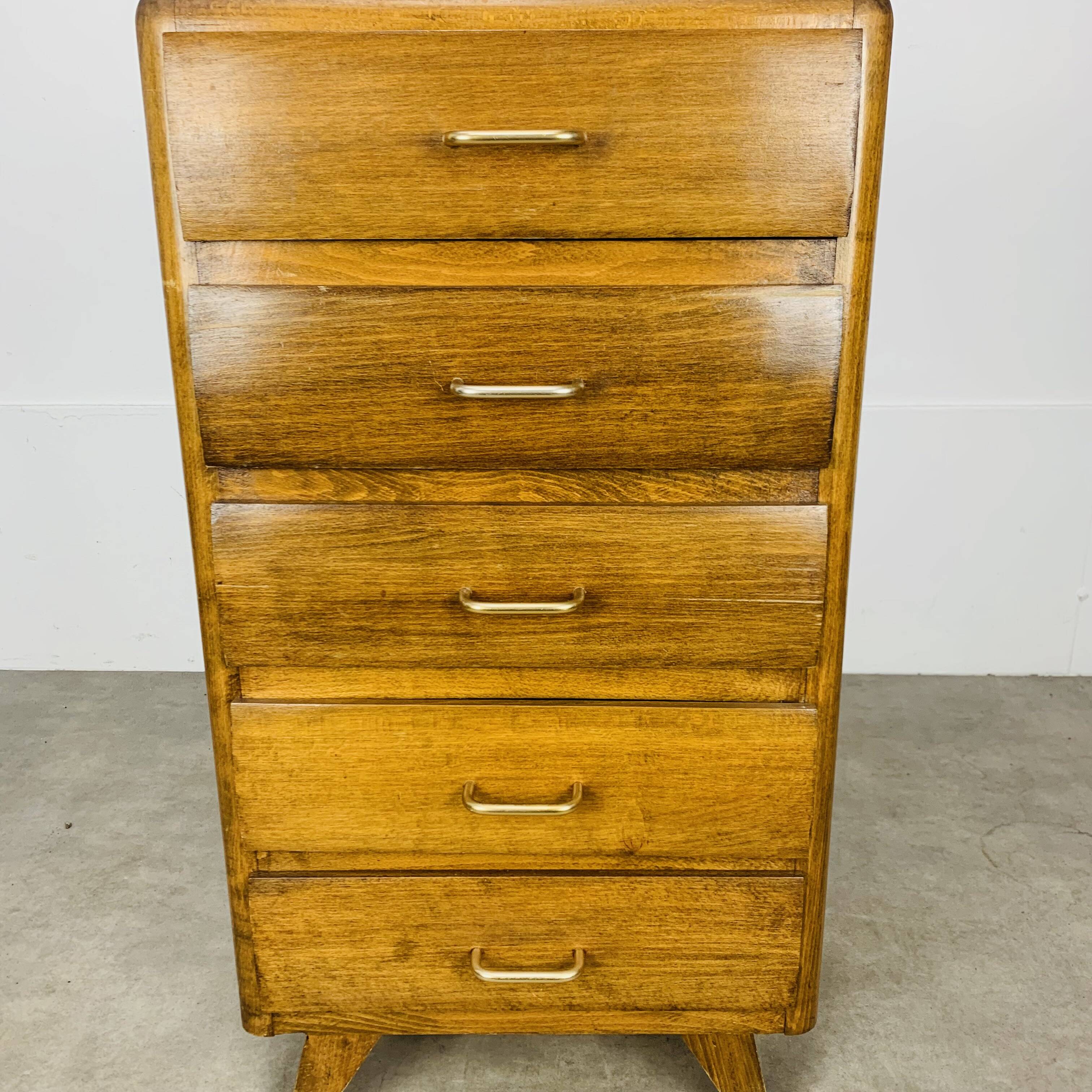Commode chiffonnier pied compas, années 50, bois