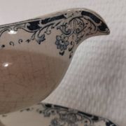 Gravy boat on foot in blue/green iron clay model "Mignon", H & Cie Sarreguemines