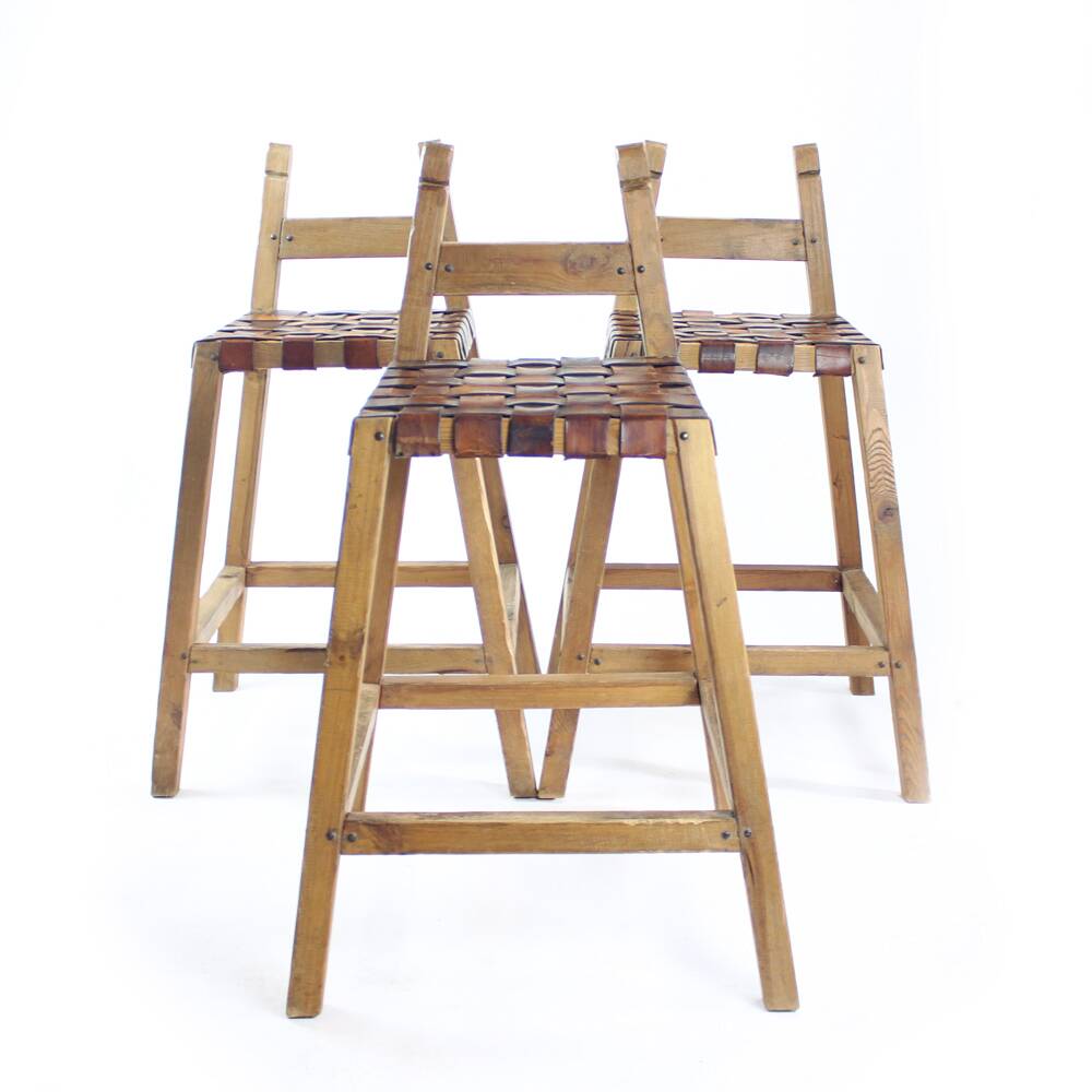 Large Vintage Bar Stool In Wood & Leather, Czechoslovakia 1950s