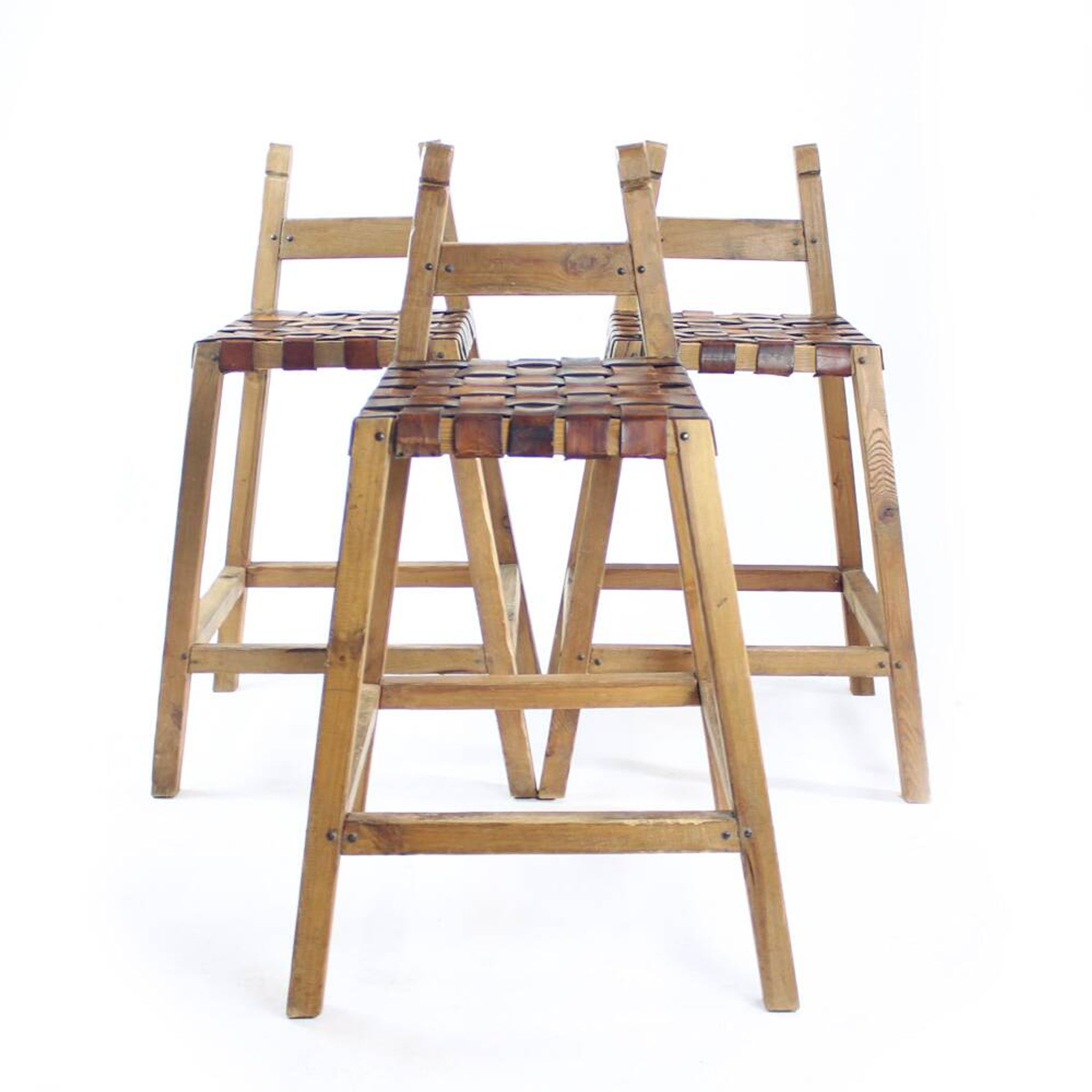 Large Vintage Bar Stool In Wood & Leather, Czechoslovakia 1950s