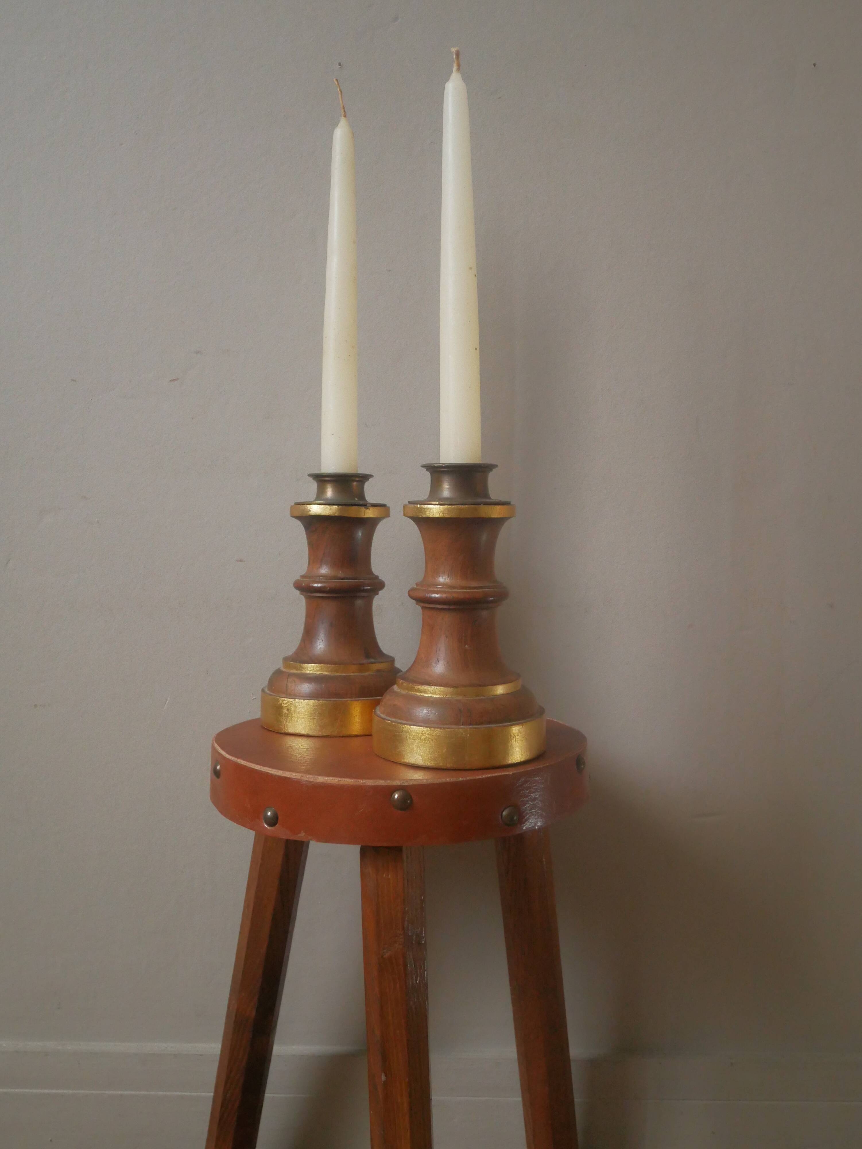 Pair of candlesticks candlesticks wood metal golden brass country decoration handcrafted