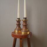 Pair of candlesticks candlesticks wood metal golden brass country decoration handcrafted